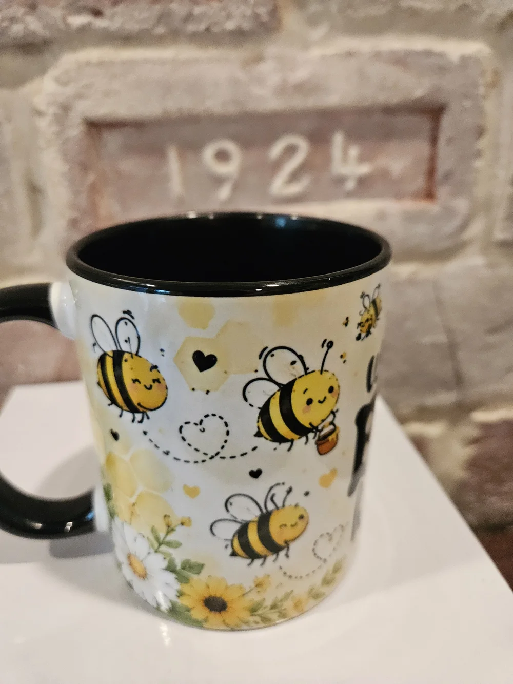 Hand Crafted Don't Worry Bee Happy Mug - Yellow, Black, White